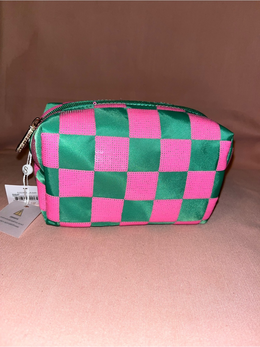 Shiraleah Pink & Green Checker Cosmetic Pouch AKA colors